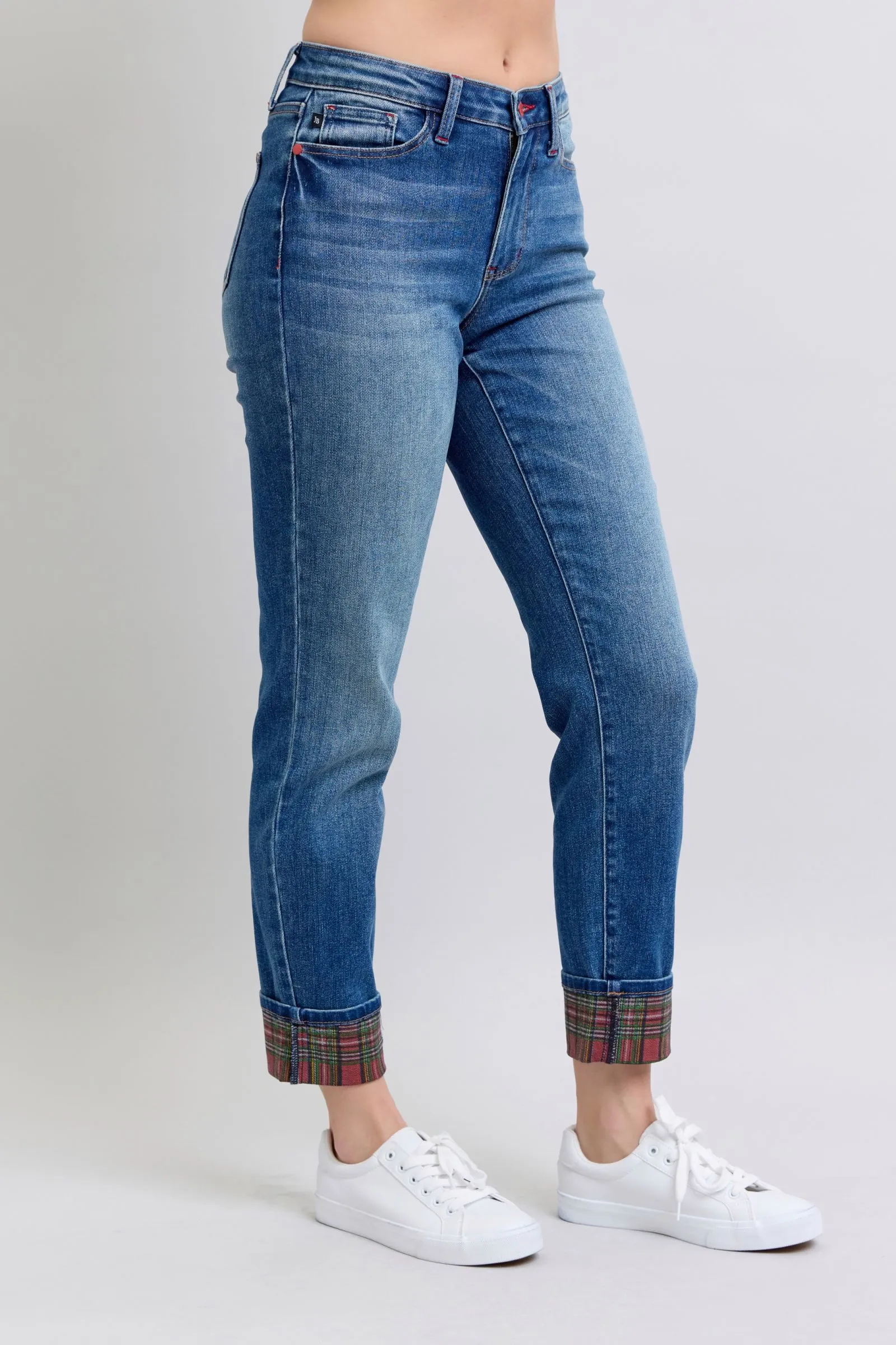 Judy Blue Full Size Mid Rise Straight Leg Jeans with Plaid Cuff