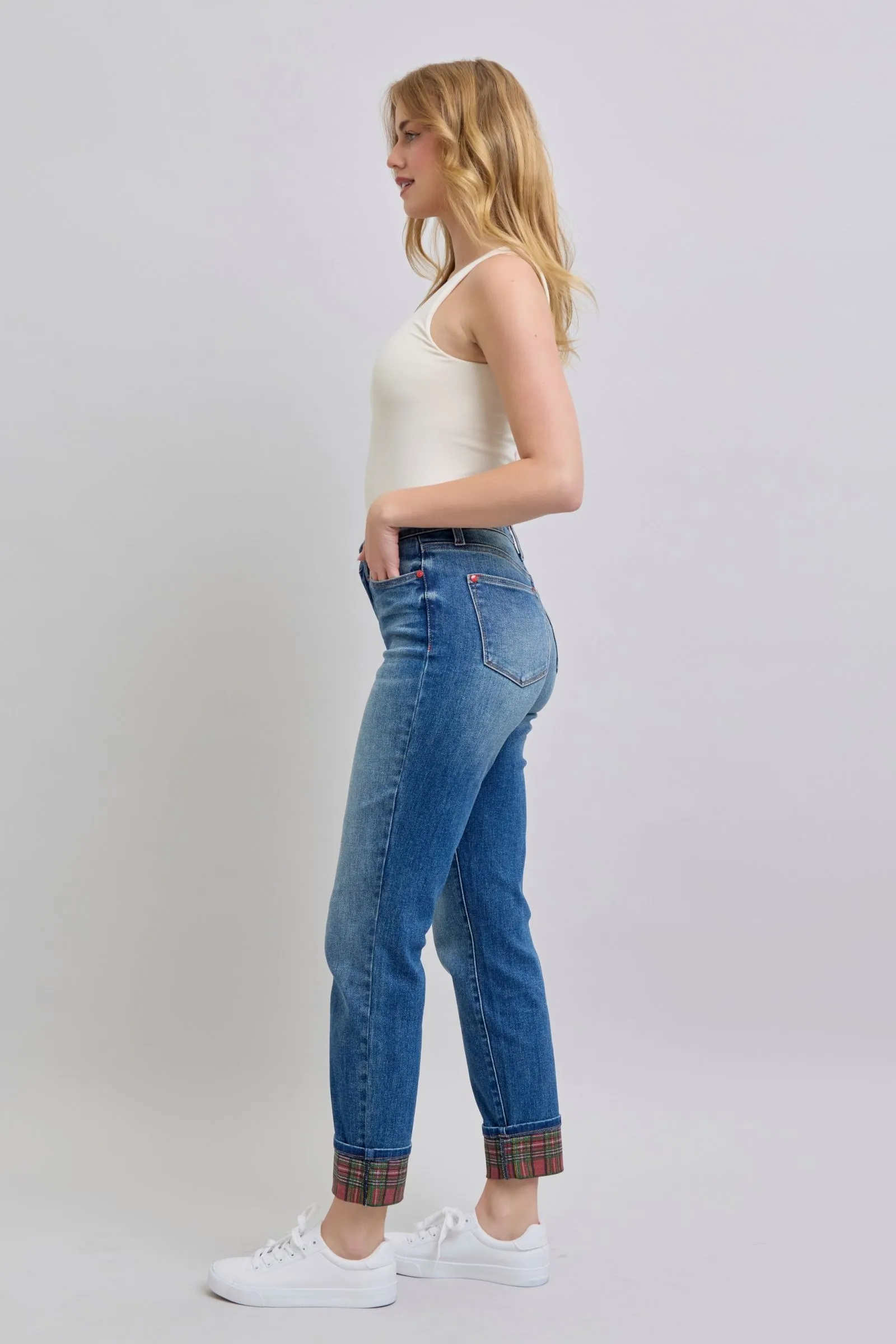 Judy Blue Full Size Mid Rise Straight Leg Jeans with Plaid Cuff