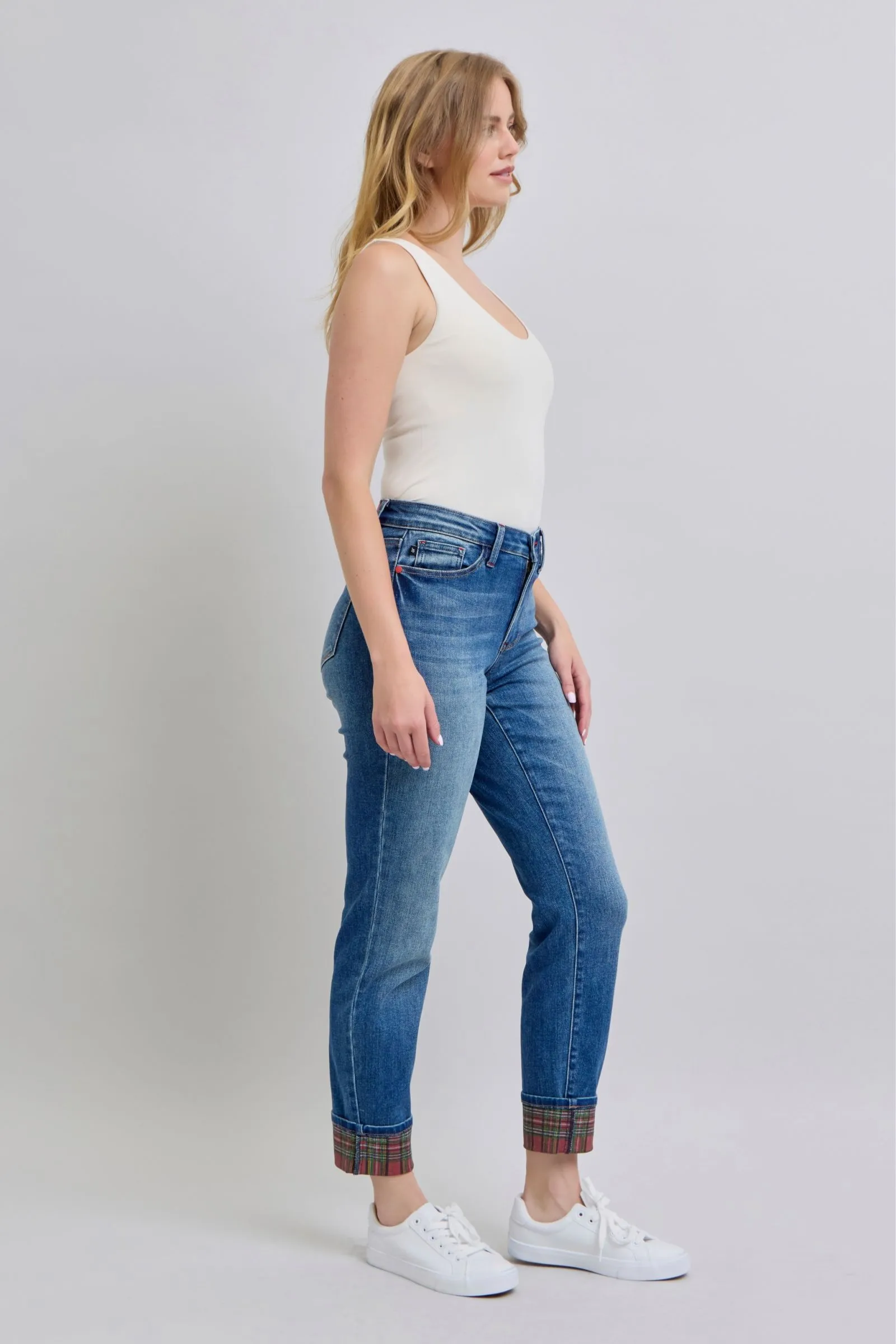 Judy Blue Full Size Mid Rise Straight Leg Jeans with Plaid Cuff