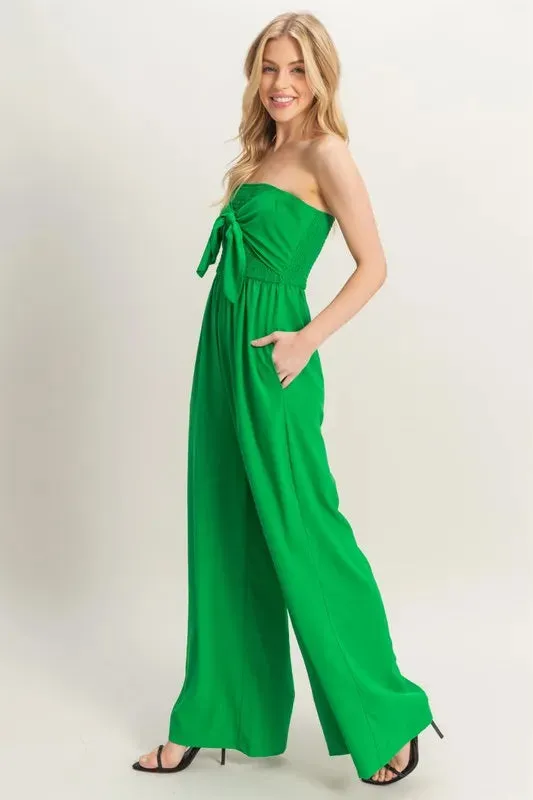 Kelly Green Strapless Tie Front Smocked Jumpsuit