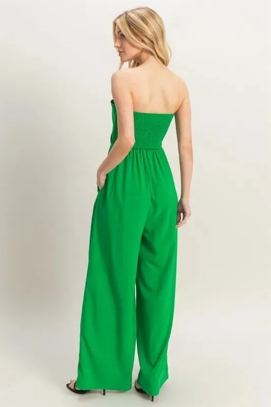 Kelly Green Strapless Tie Front Smocked Jumpsuit