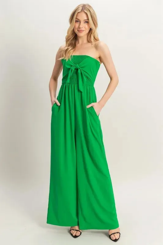 Kelly Green Strapless Tie Front Smocked Jumpsuit