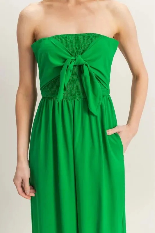 Kelly Green Strapless Tie Front Smocked Jumpsuit