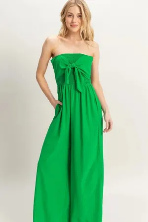 Kelly Green Strapless Tie Front Smocked Jumpsuit