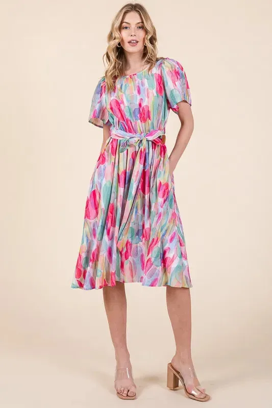 Lime 'N' Chili Watercolor Print Tie Front Midi Dress