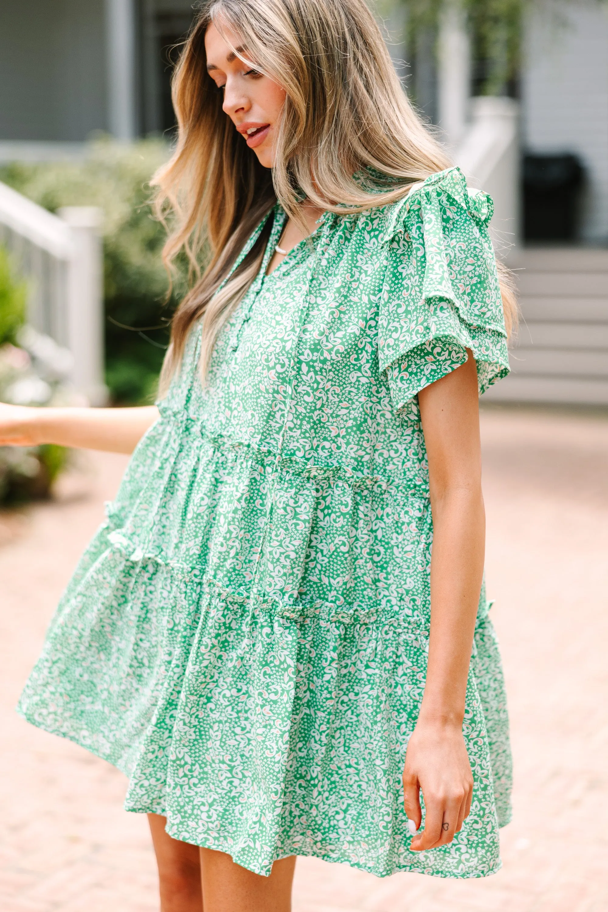 See You There Green Ruffled Mini Dress