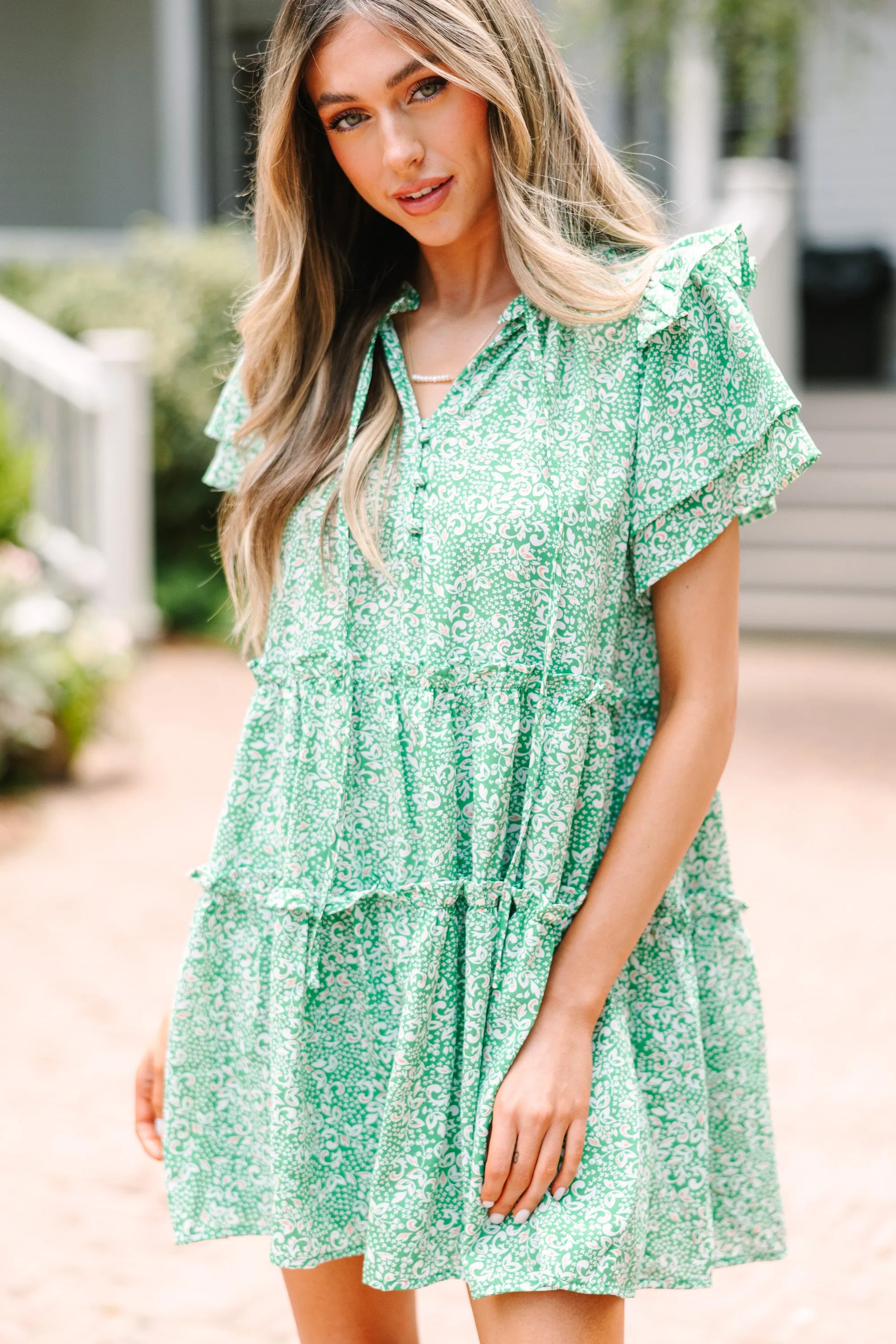 See You There Green Ruffled Mini Dress