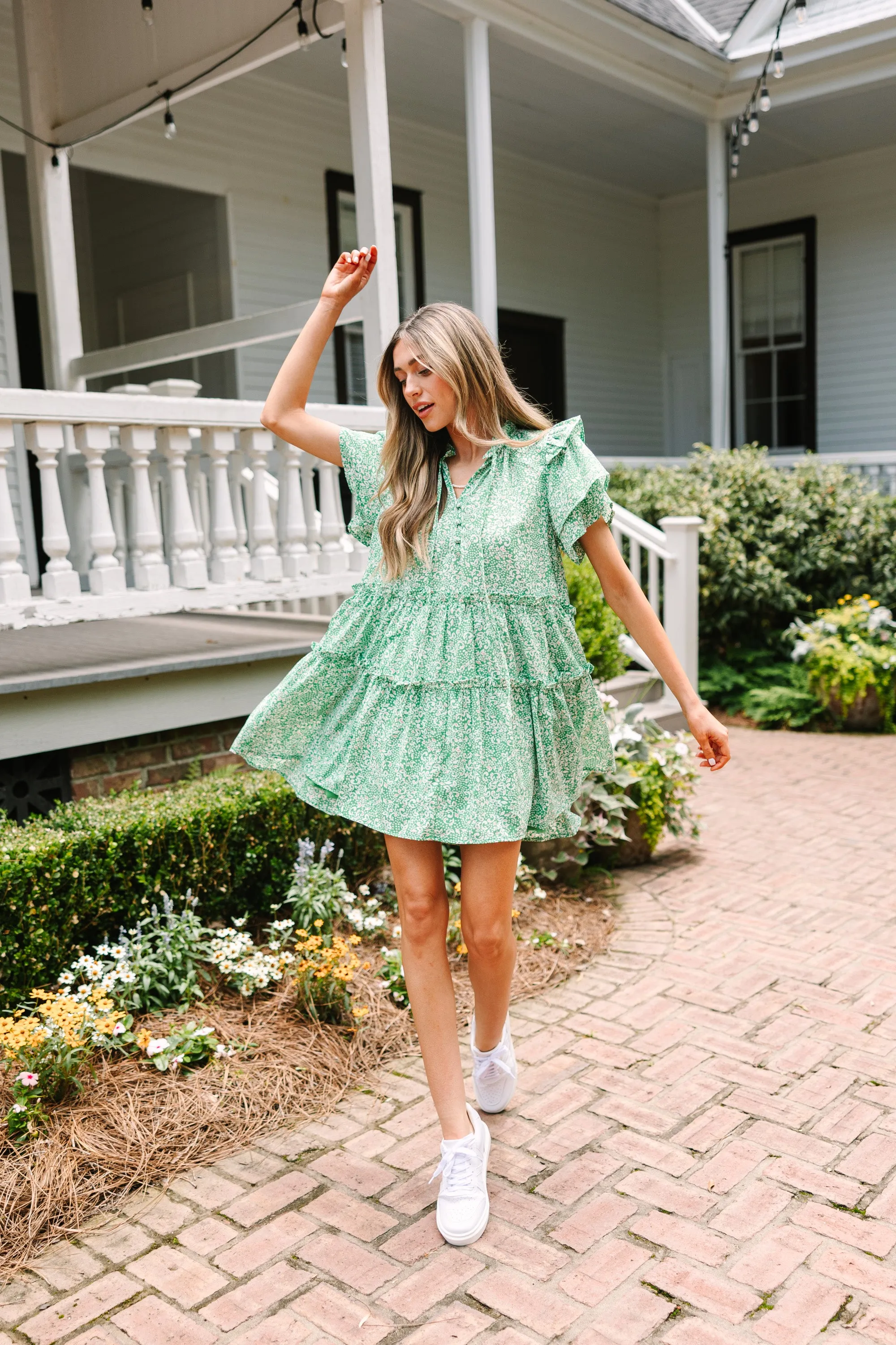 See You There Green Ruffled Mini Dress