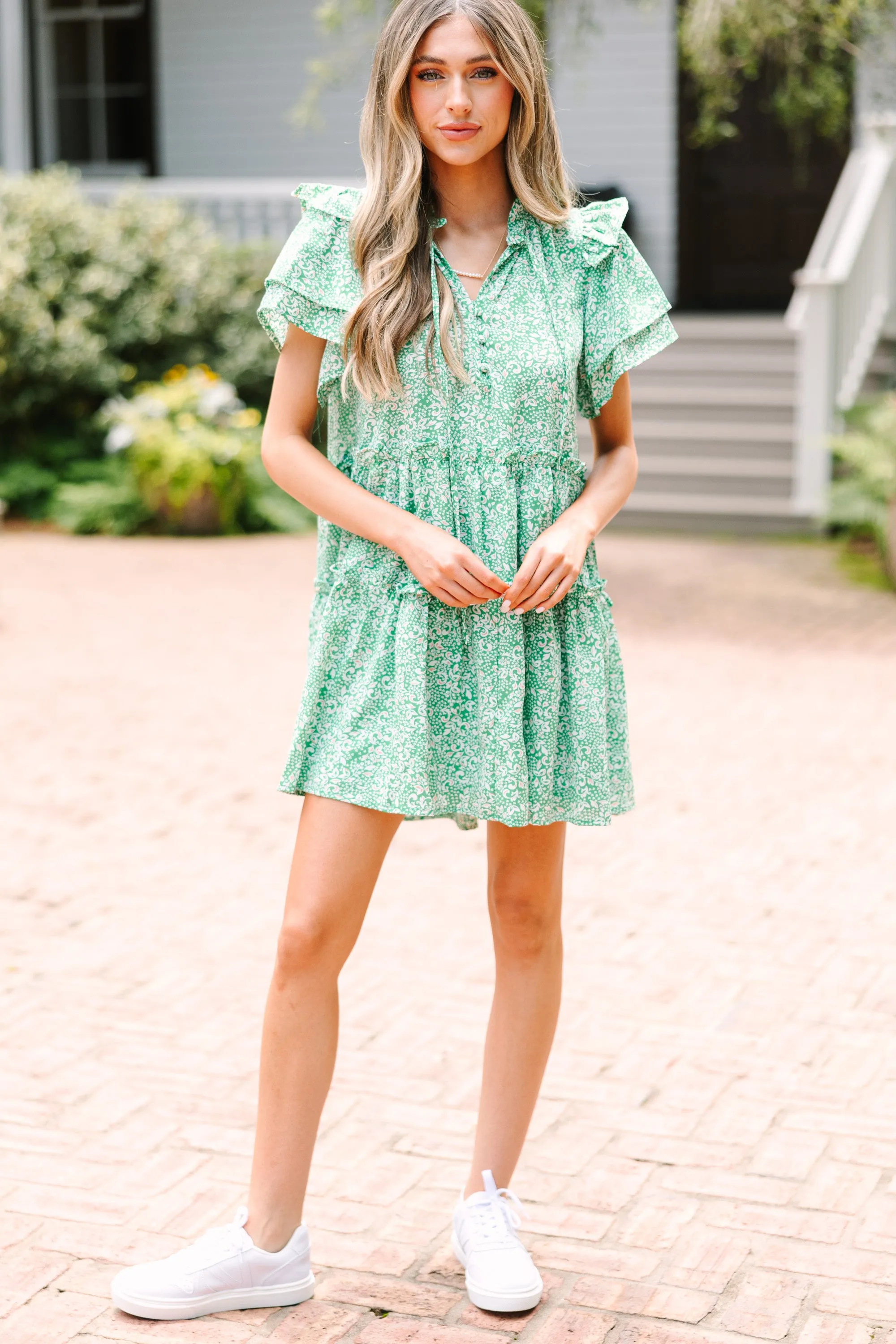 See You There Green Ruffled Mini Dress