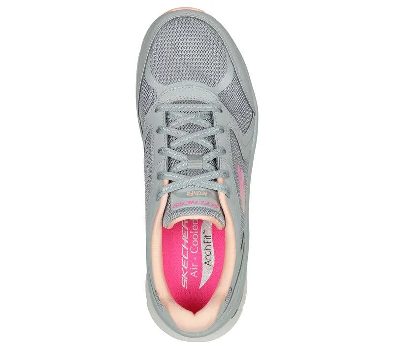 Skechers 149686 Relaxed Fit Arch Fit D'lux Sneakers für Damen mit weiter Passform - Grau/Koralle
