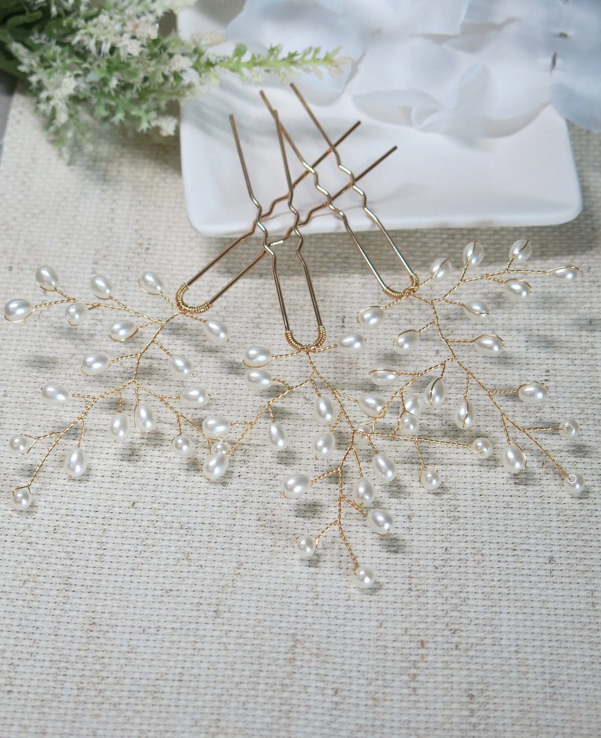 Tree Branch Pearl Wire 3 PC Hairpin Set, Wedding Floral Hair Pin, Bridal Pearl Wire Large Hairpins, Set of 3