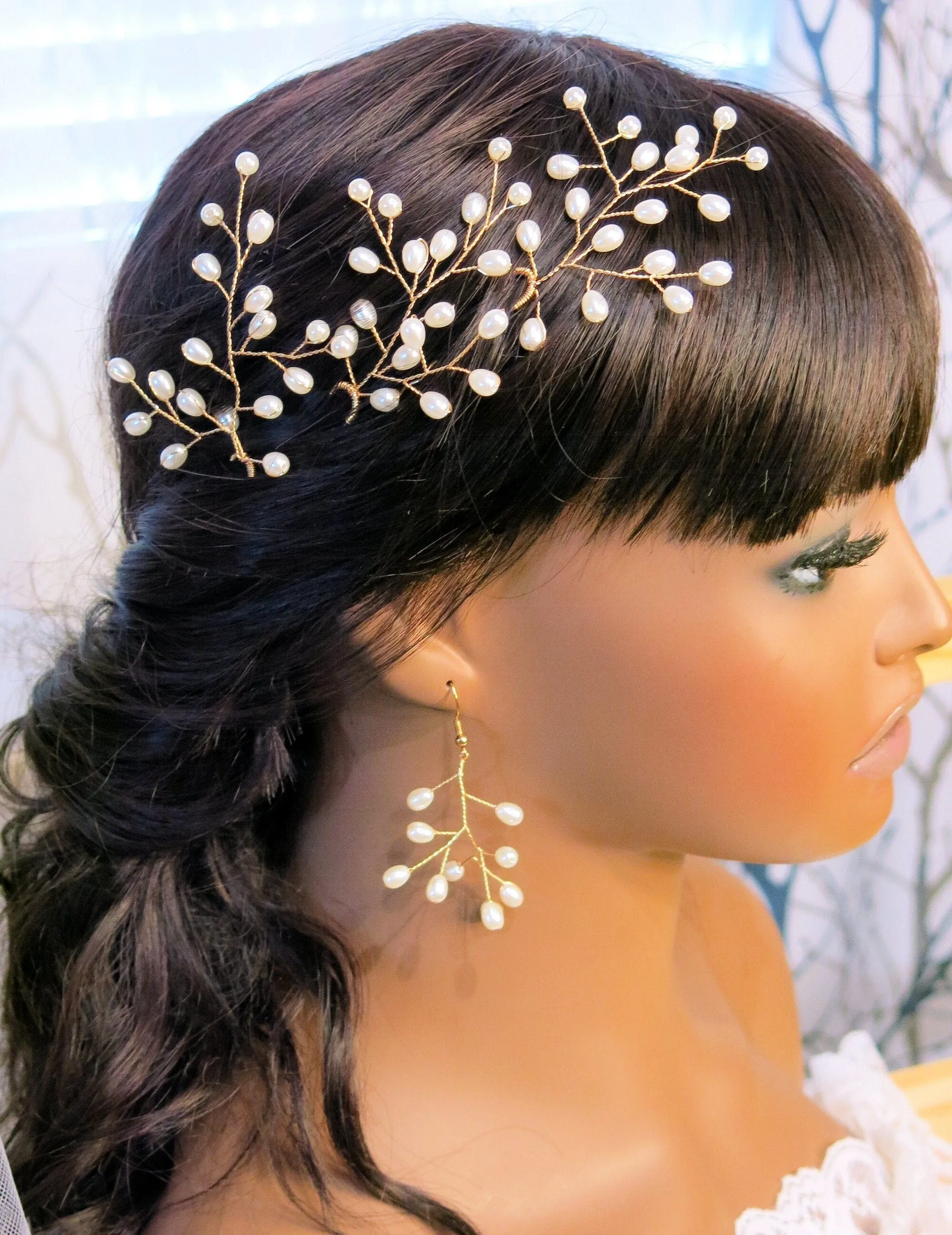 Tree Branch Pearl Wire 3 PC Hairpin Set, Wedding Floral Hair Pin, Bridal Pearl Wire Large Hairpins, Set of 3