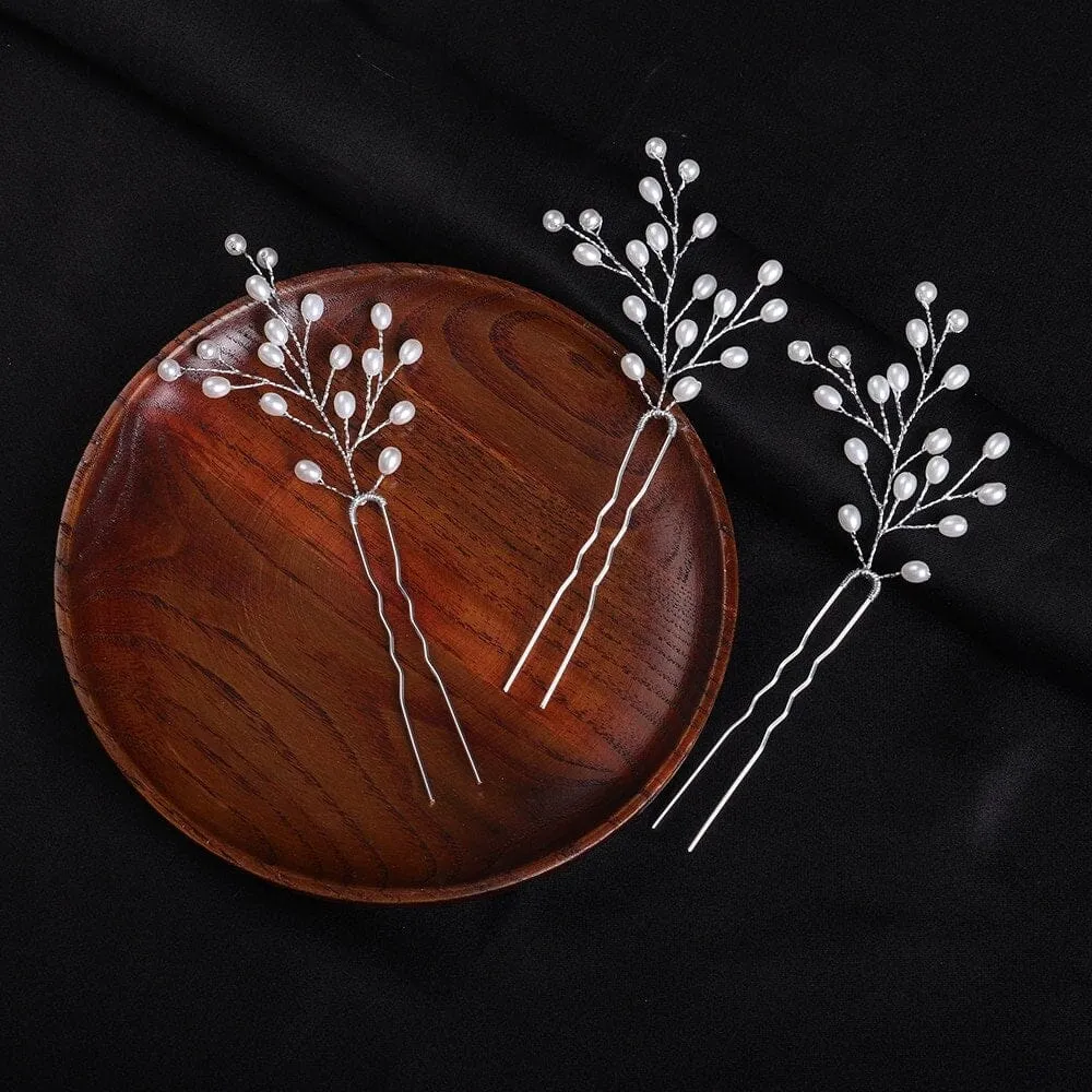 Tree Branch Pearl Wire 3 PC Hairpin Set, Wedding Floral Hair Pin, Bridal Pearl Wire Large Hairpins, Set of 3