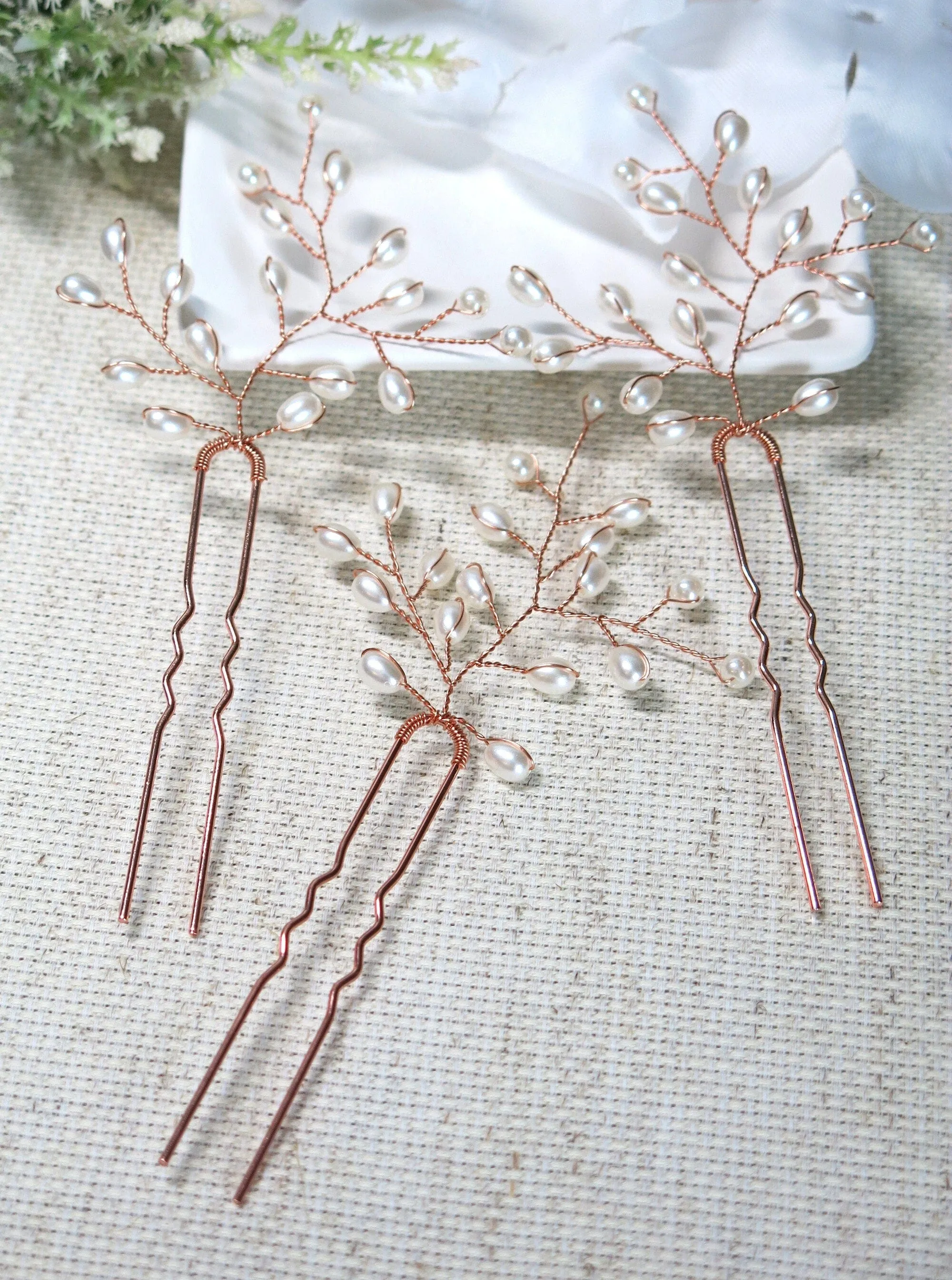 Tree Branch Pearl Wire 3 PC Hairpin Set, Wedding Floral Hair Pin, Bridal Pearl Wire Large Hairpins, Set of 3