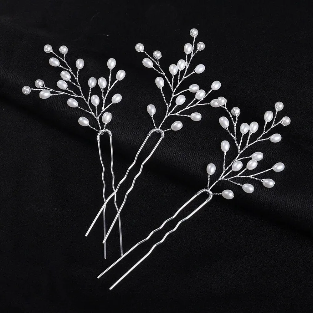 Tree Branch Pearl Wire 3 PC Hairpin Set, Wedding Floral Hair Pin, Bridal Pearl Wire Large Hairpins, Set of 3