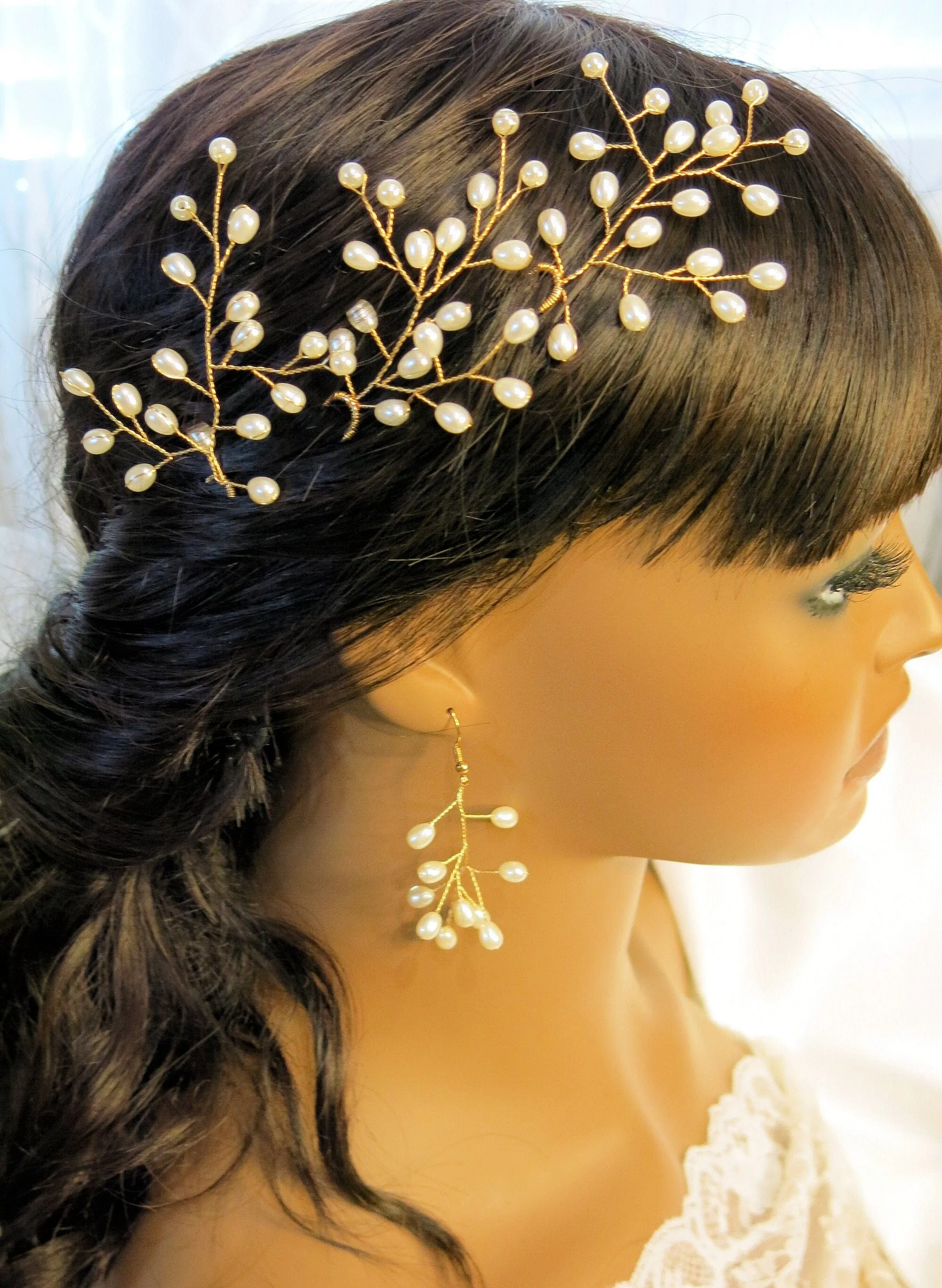 Tree Branch Pearl Wire 3 PC Hairpin Set, Wedding Floral Hair Pin, Bridal Pearl Wire Large Hairpins, Set of 3