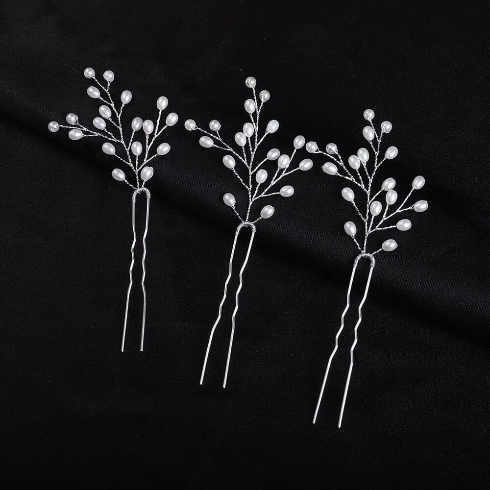 Tree Branch Pearl Wire 3 PC Hairpin Set, Wedding Floral Hair Pin, Bridal Pearl Wire Large Hairpins, Set of 3