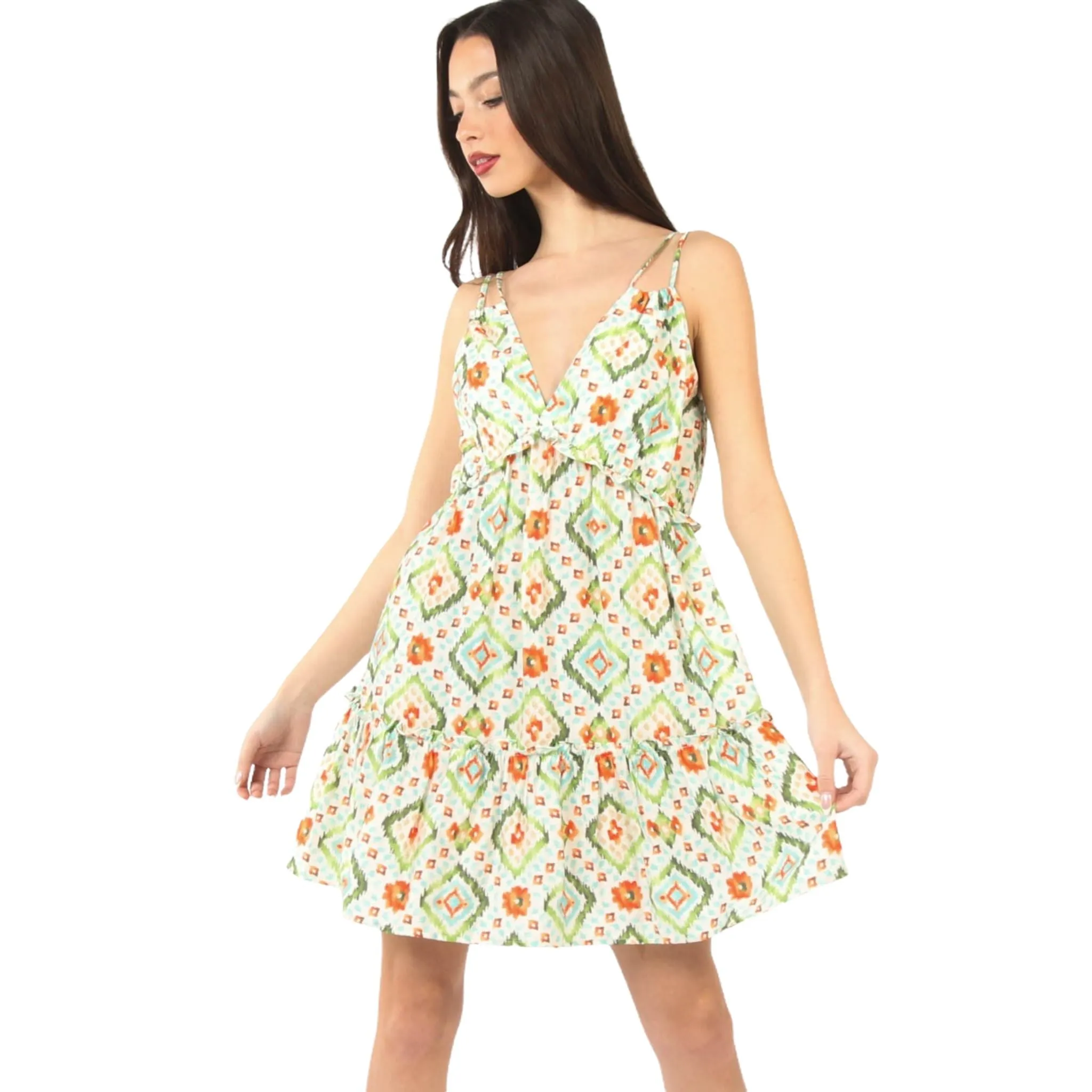 Tunnel Detail Multi Color Printed Mini Dress – Vibrant & Flirty