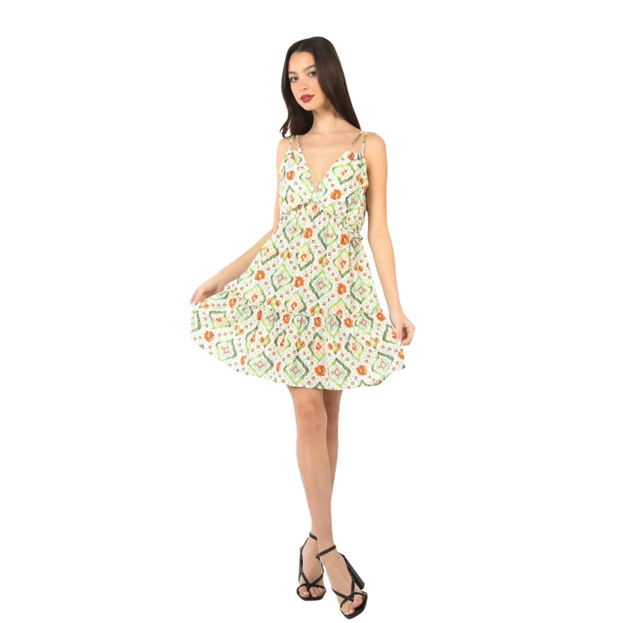 Tunnel Detail Multi Color Printed Mini Dress – Vibrant & Flirty