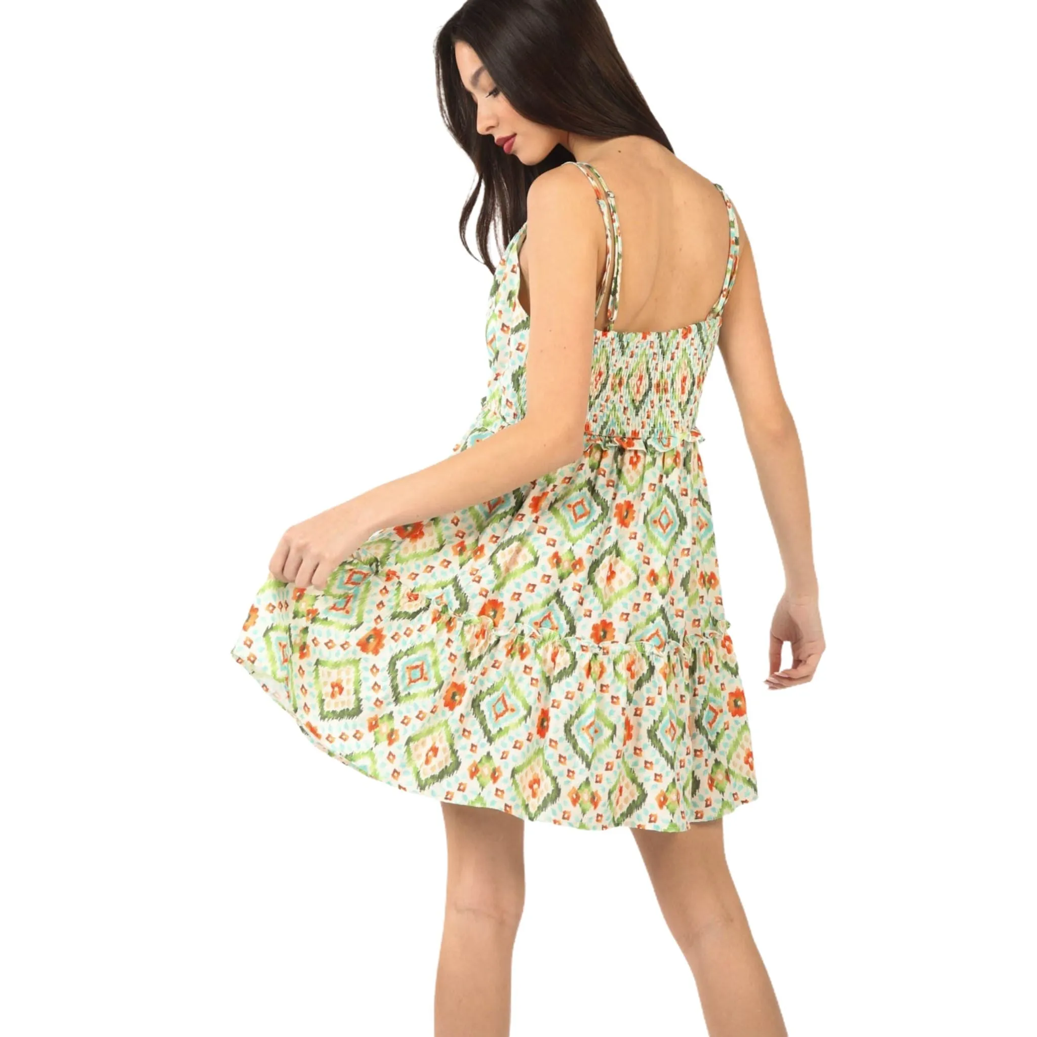 Tunnel Detail Multi Color Printed Mini Dress – Vibrant & Flirty