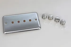 Varilight Matrix 4-Gang Double Plate Unpopulated Dimmer Kit. Classic Matt Chrome Finish (Brushed Steel Effect) Finish