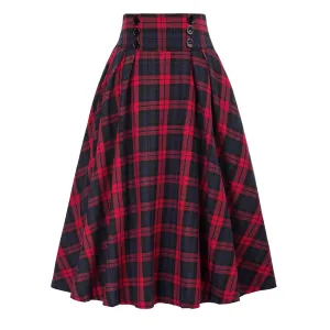 Vintage Plaid High Waist Flare Skirt - Button Detail, Polyester/Spandex
