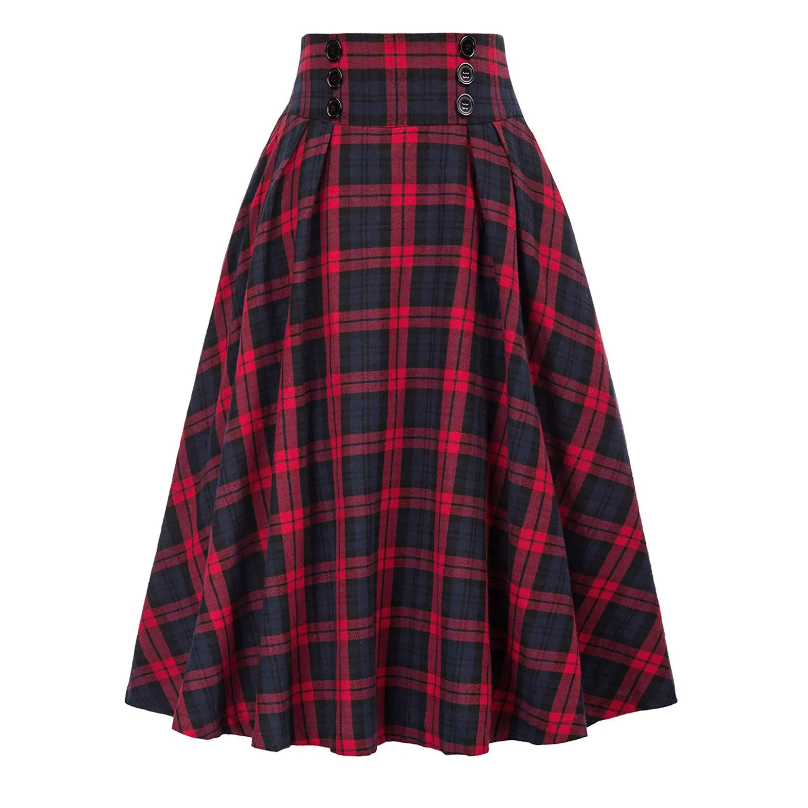 Vintage Plaid High Waist Flare Skirt - Button Detail, Polyester/Spandex