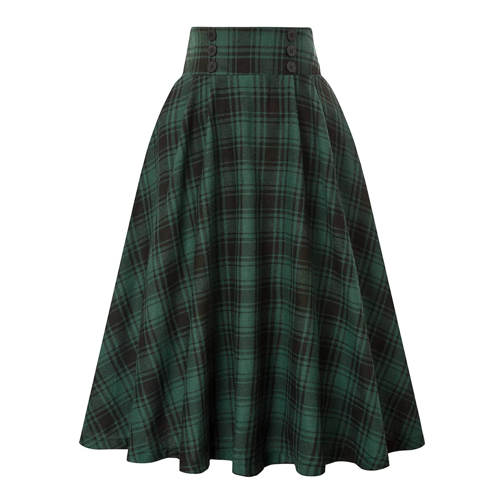 Vintage Plaid High Waist Flare Skirt - Button Detail, Polyester/Spandex