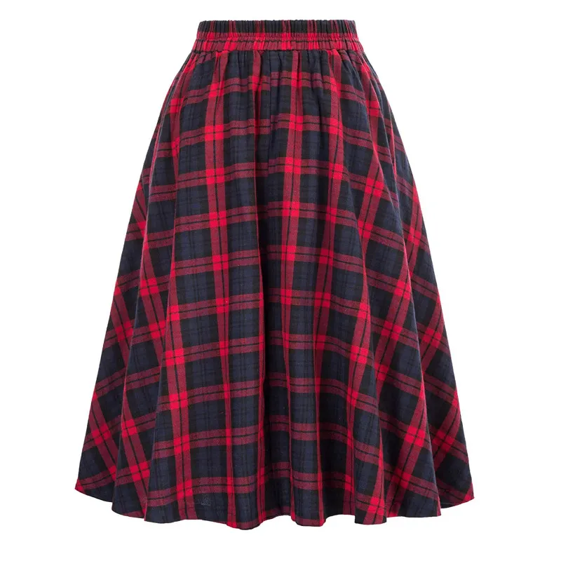 Vintage Plaid High Waist Flare Skirt - Button Detail, Polyester/Spandex