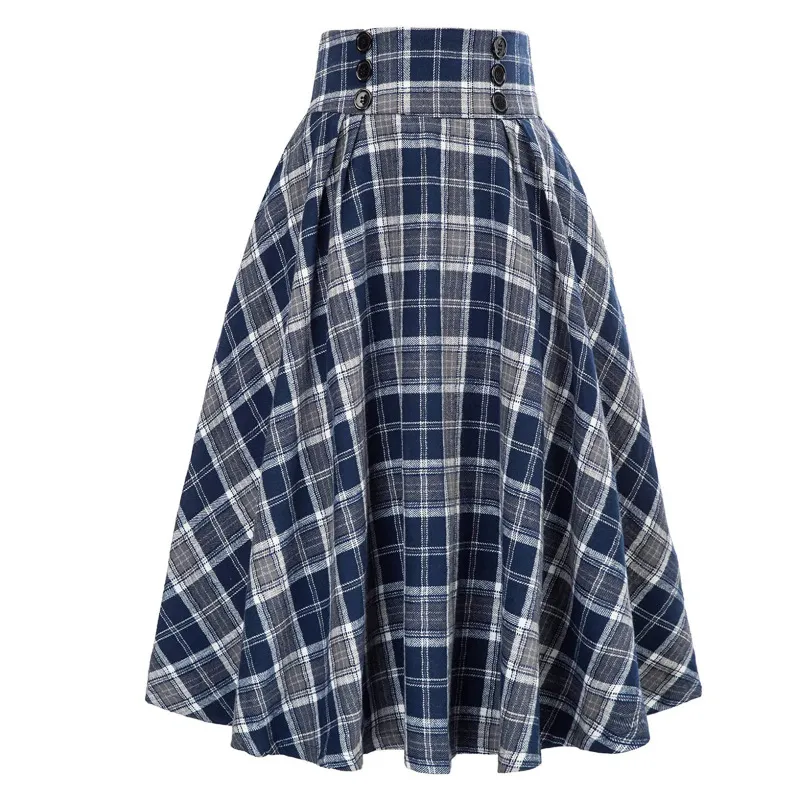 Vintage Plaid High Waist Flare Skirt - Button Detail, Polyester/Spandex