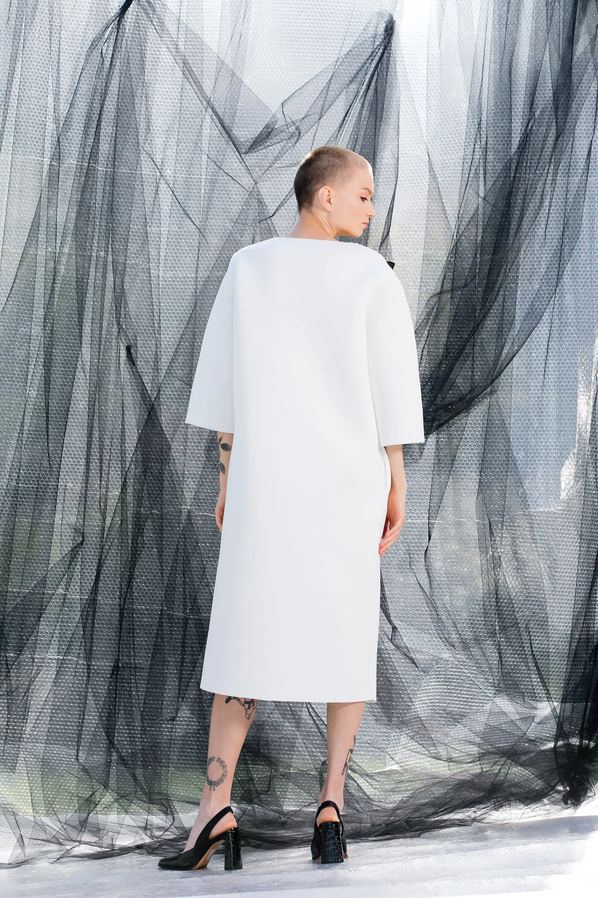 White Futuristic Dress, Neoprene Dress with Long Sleeves, Formal Dress, White Avant Garde Clothing, Winter Dress with Loose Fit
