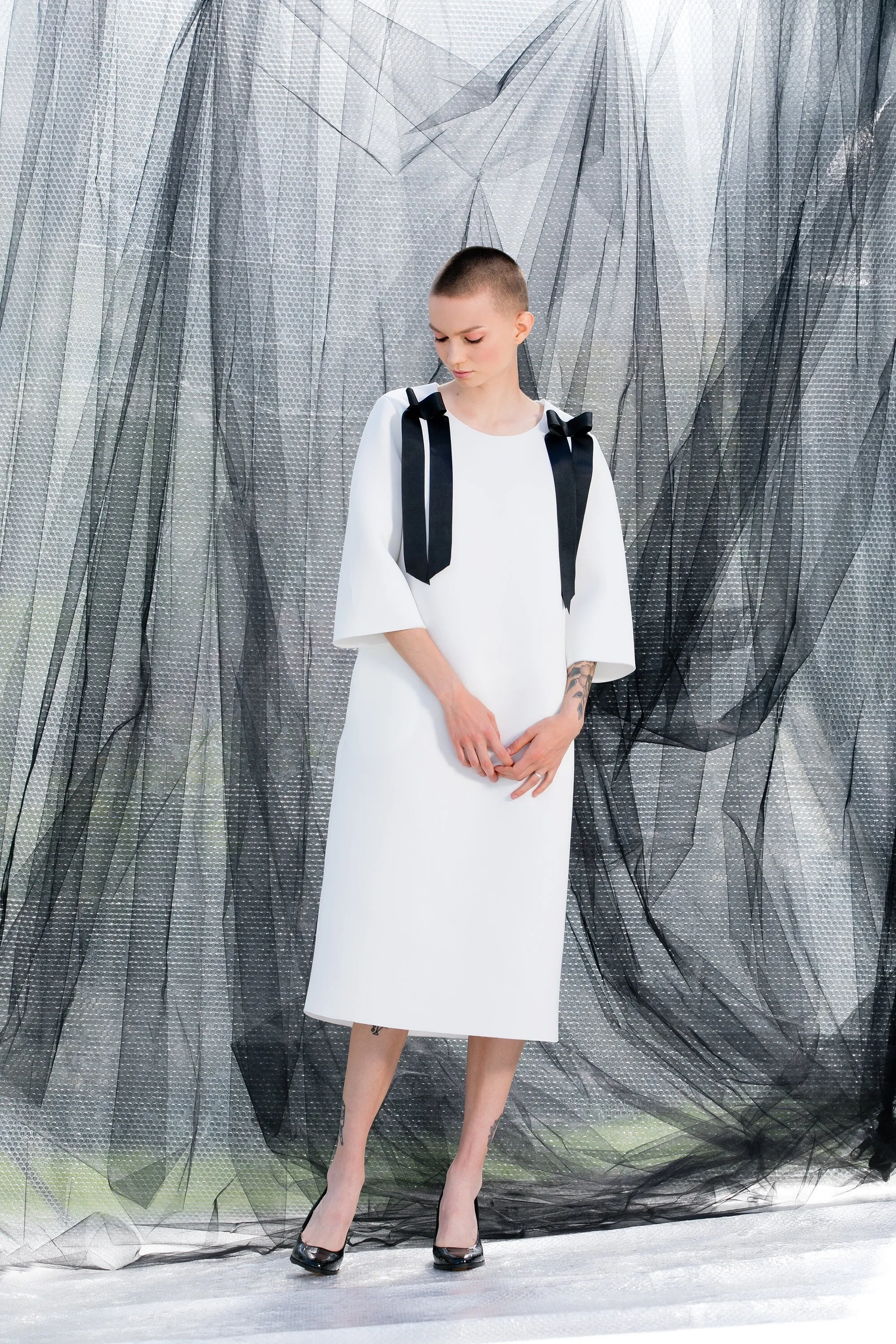 White Futuristic Dress, Neoprene Dress with Long Sleeves, Formal Dress, White Avant Garde Clothing, Winter Dress with Loose Fit