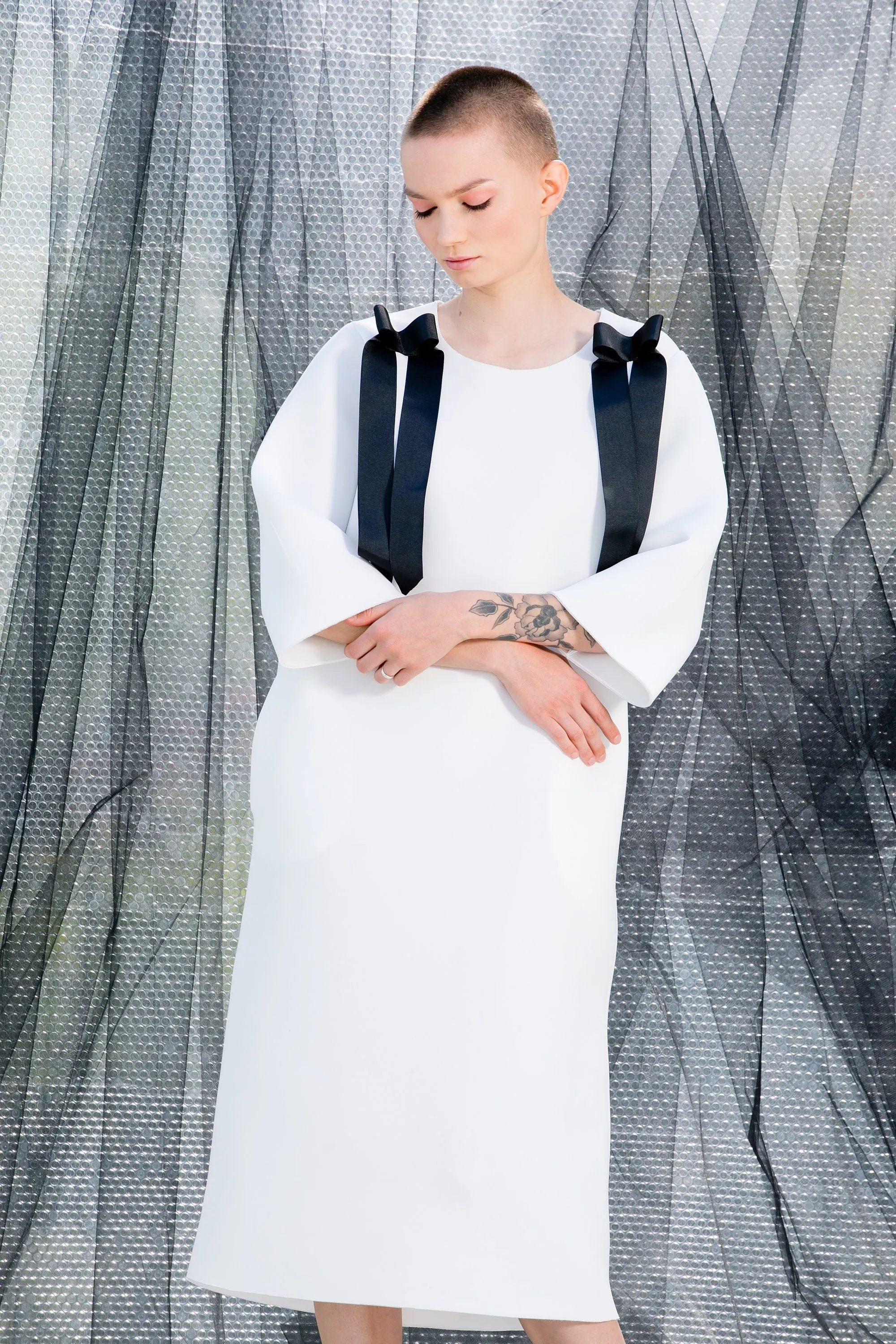 White Futuristic Dress, Neoprene Dress with Long Sleeves, Formal Dress, White Avant Garde Clothing, Winter Dress with Loose Fit
