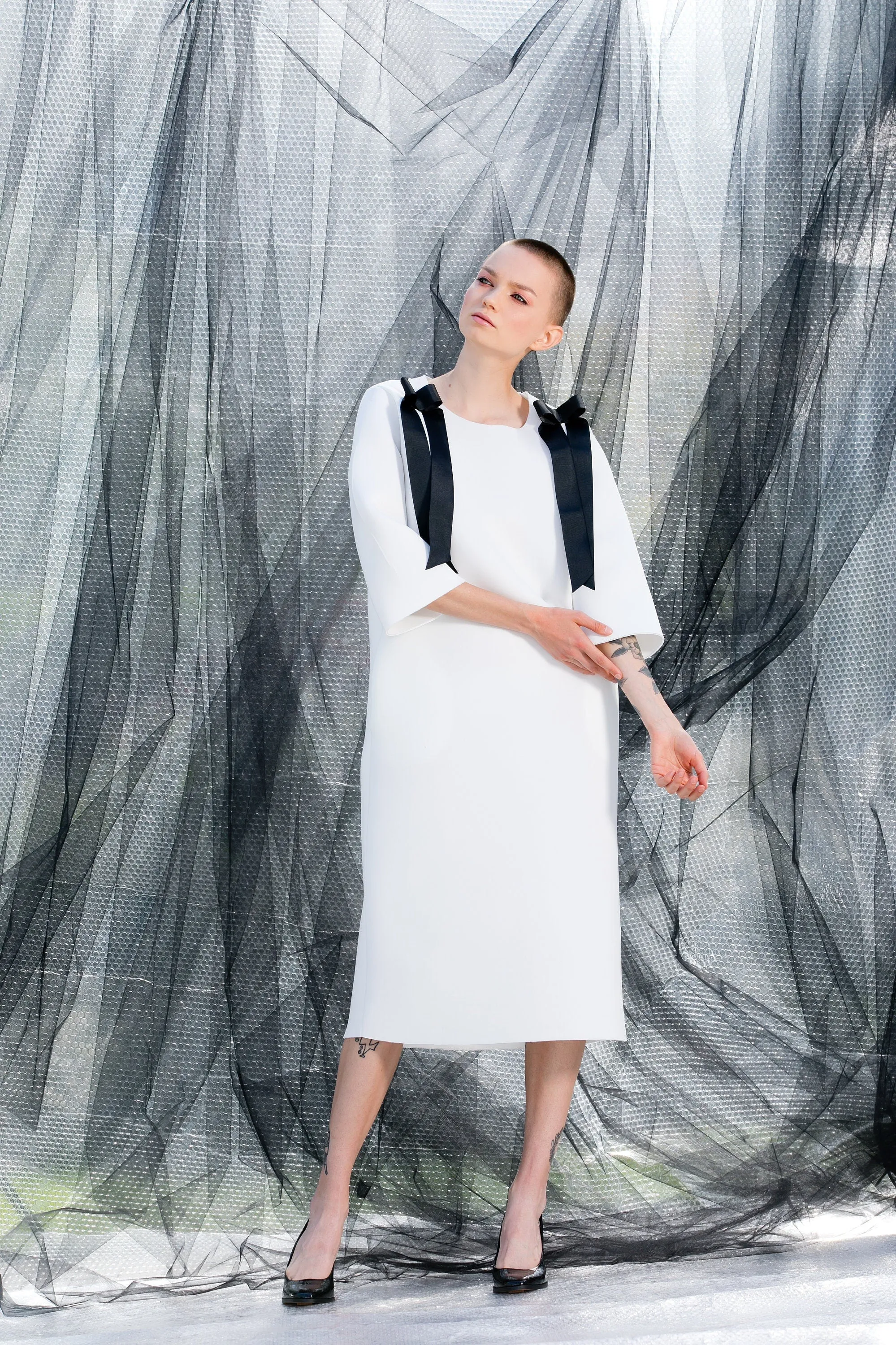 White Futuristic Dress, Neoprene Dress with Long Sleeves, Formal Dress, White Avant Garde Clothing, Winter Dress with Loose Fit