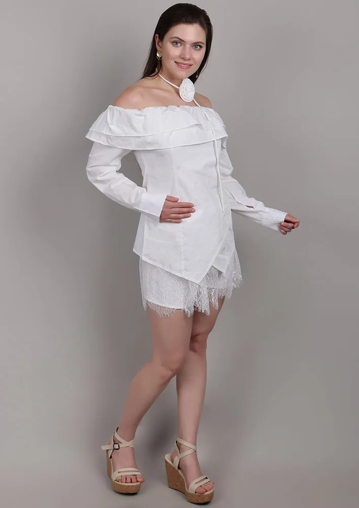 White Off-Shoulder Set with Front Ruffles & Rose Neck Accessory