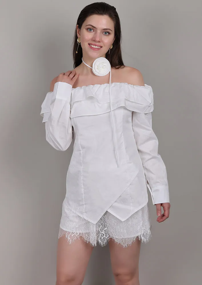 White Off-Shoulder Set with Front Ruffles & Rose Neck Accessory