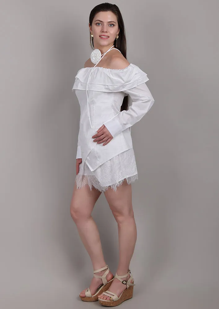 White Off-Shoulder Set with Front Ruffles & Rose Neck Accessory