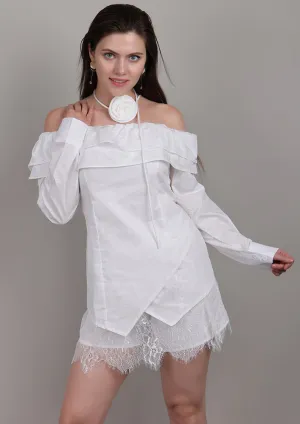 White Off-Shoulder Set with Front Ruffles & Rose Neck Accessory