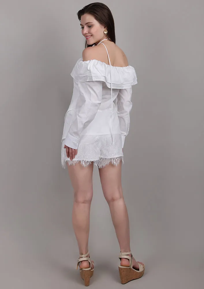 White Off-Shoulder Set with Front Ruffles & Rose Neck Accessory