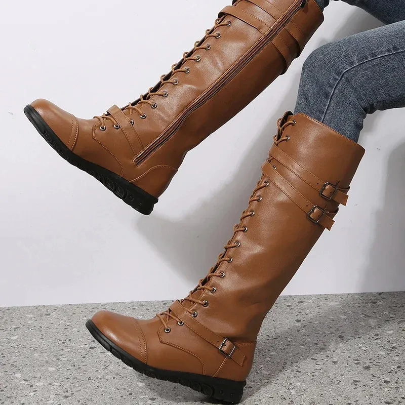 Women's Knee-High Boots – Flat Non-Slip Lace-Up Zipper Boots