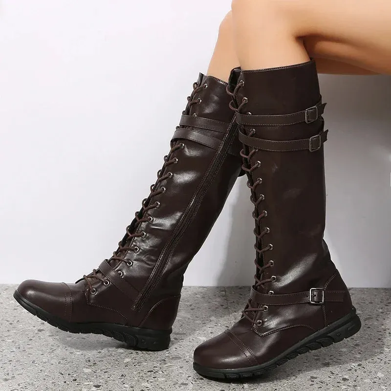 Women's Knee-High Boots – Flat Non-Slip Lace-Up Zipper Boots