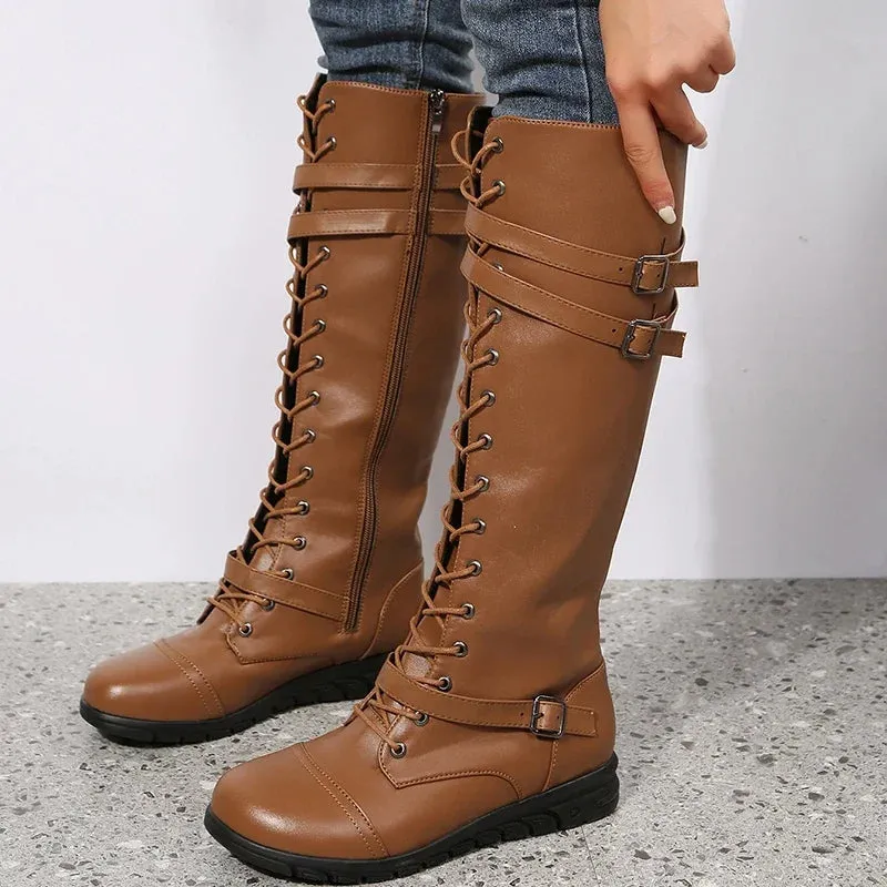 Women's Knee-High Boots – Flat Non-Slip Lace-Up Zipper Boots
